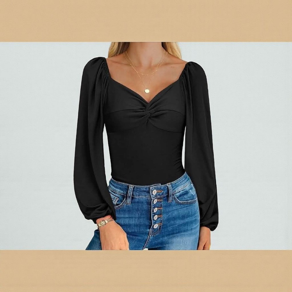 Zeagoo Black Long Sleeve Sweetheart Neckline Twist Front‎ Bodysuit Top SZ Large
